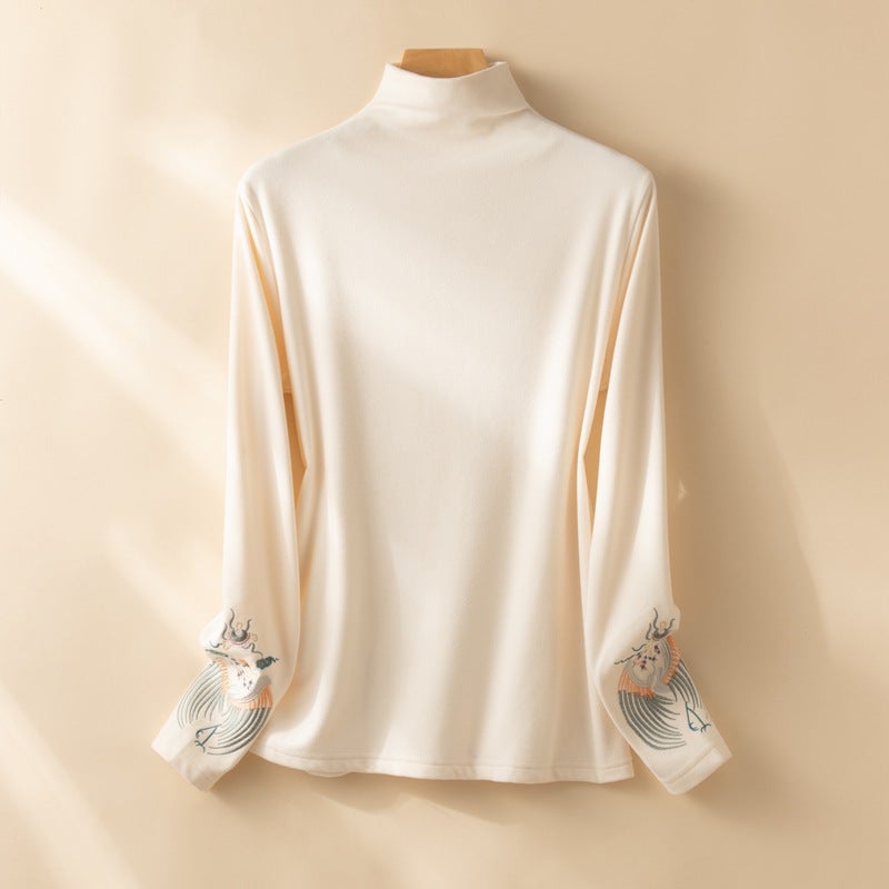 Style Half-High Collar Double-Sided German Velvet Knitted Base Shirt For Women, Long-Sleeved, Chinese Style Embroidery, Soft And Cozy Winter Top - Image 3